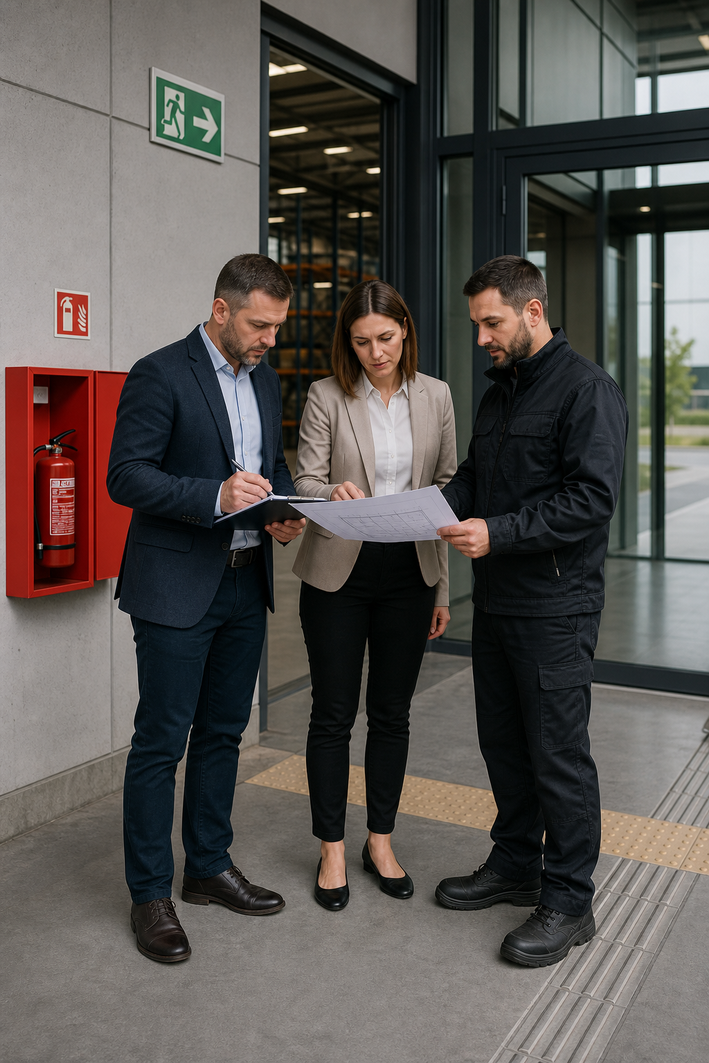 Zespół konsultantów omawia plan kontroli BHP i ochrony przeciwpożarowej przy wejściu do obiektu.