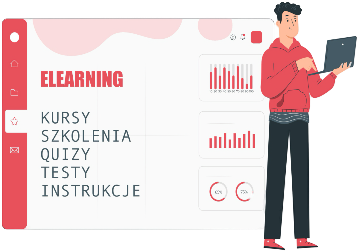 Ilustracja platformy e-learningowej z kursami, szkoleniami, quizami i testami.