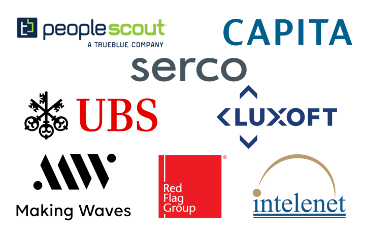 Logotypy PeopleScout, Capita, Serco, UBS, Luxoft, Making Waves, Red Flag Group i Intelenet.