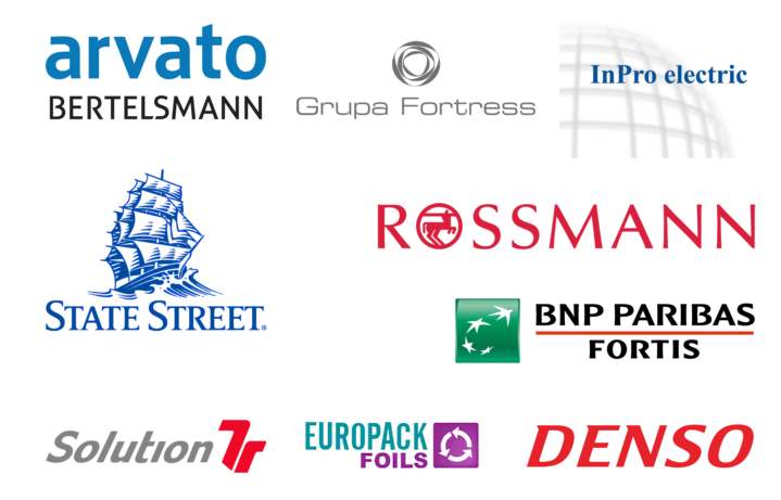 Logotypy Arvato Bertelsmann, Grupa Fortress, InPro electric, State Street, Rossmann, BNP Paribas Fortis, Solution7, Europack Foils i Denso.