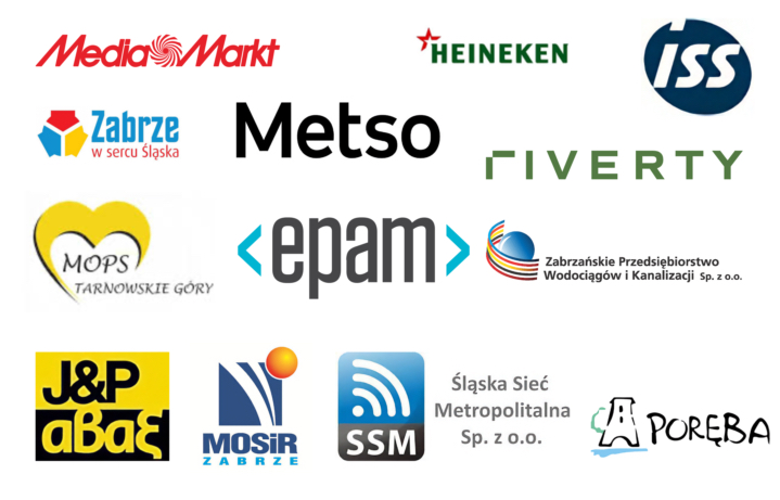 Logotypy MediaMarkt, Heineken, ISS, Zabrze, Metso, Riwerty, MOPS Tarnowskie Góry, EPAM, Zabrzańskie Przedsiębiorstwo Wodociągów i Kanalizacji, J and P Avax, MOSiR Zabrze, Śląska Sieć Metropolitalna i Poręba.