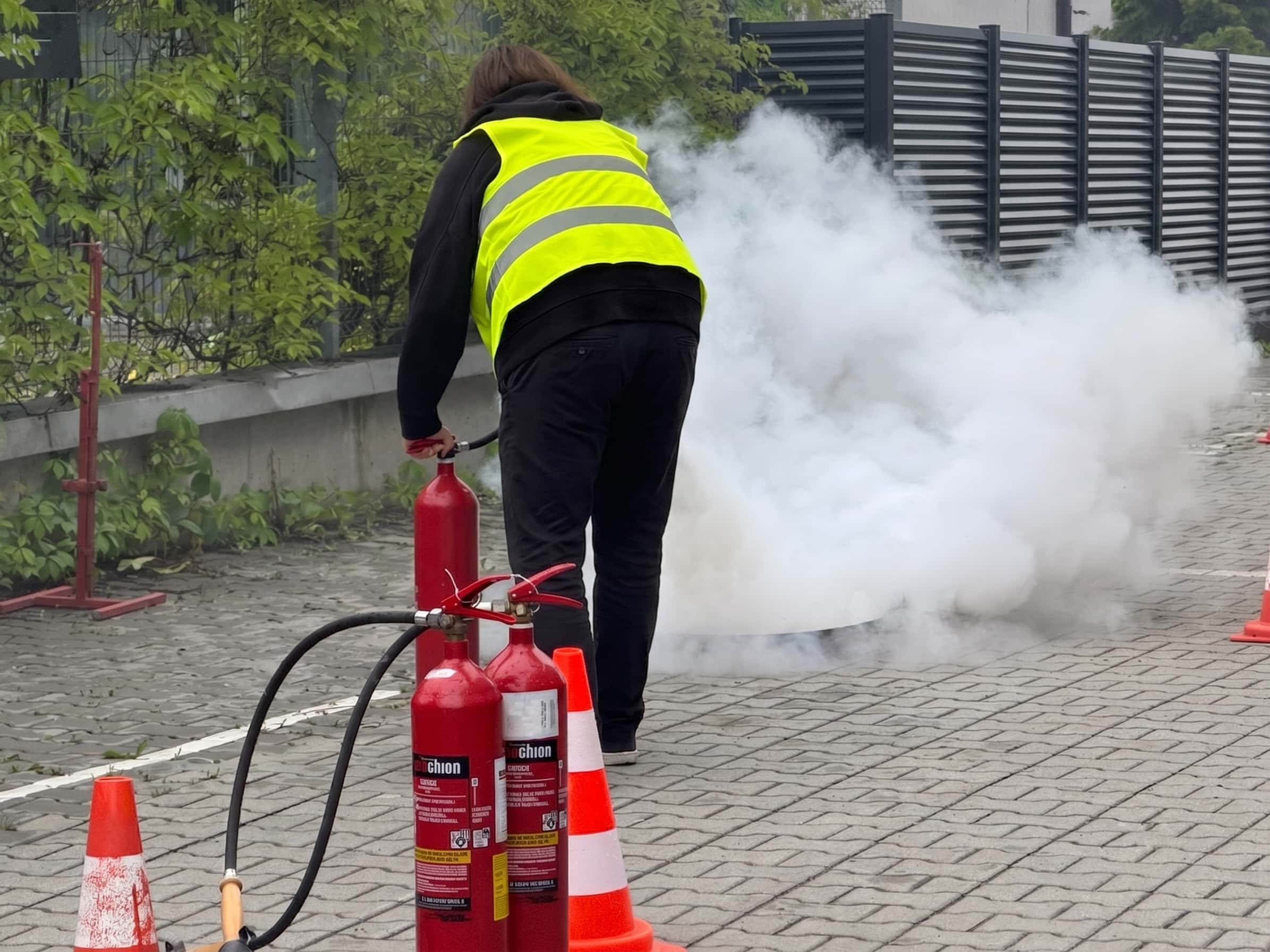 Ćwiczenia PPOŻ: uczestniczka w kamizelce odblaskowej używa gaśnicy przy kontrolowanym zadymieniu.