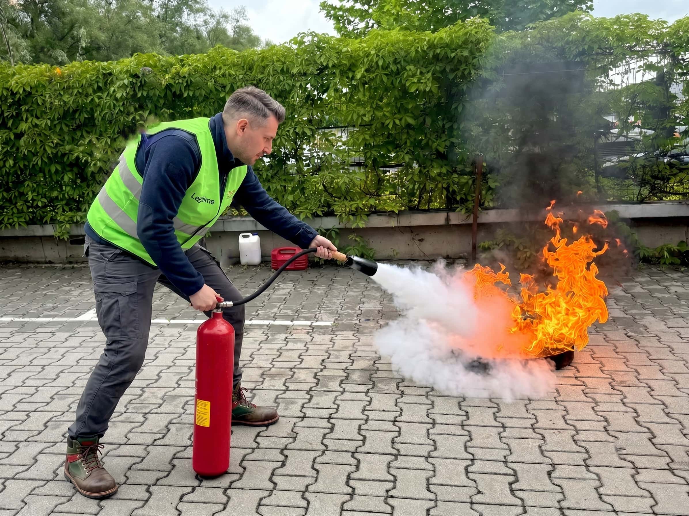 Uczestnicy szkolenia PPOŻ obserwują praktyczne ćwiczenie gaszenia pożaru.